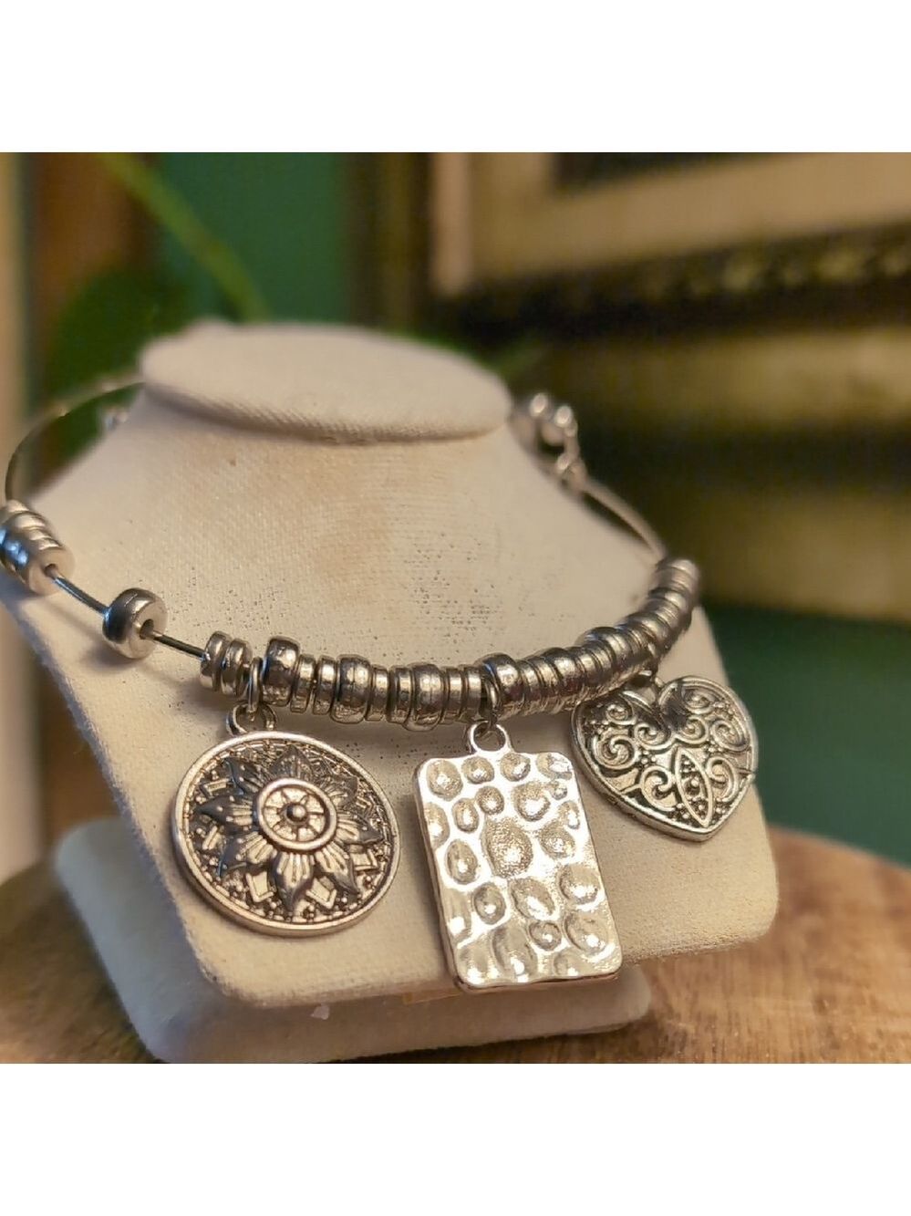 Sister Silver Charm Bracelet with Heart and Disc Accents